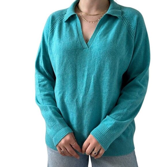 Lands Ends Womens Teal Blue 100% Cashmere Soft V Neck Collared Sweater Sz XL - Picture 3 of 8